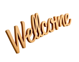 Elegant Curved Wooden Welcome Sign, A Polished and Detailed Artistic Presentation for Inviting Greetings and Warm Hospitality Visuals