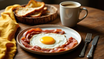A breakfast plate with sunny-side-up egg and crispy bacon, toast on the side, and a cup of coffee on a wooden table.