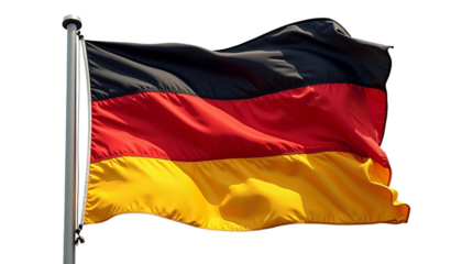 Realistyczna fotografia wysokiej jakości przedstawiająca powiewającą na wietrze flagę Niemiec