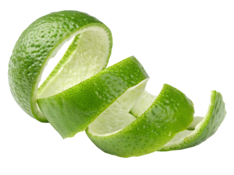 Fresh Green Lime Peel Spiraled Isolated on Black Background for Culinary or Cocktail Use