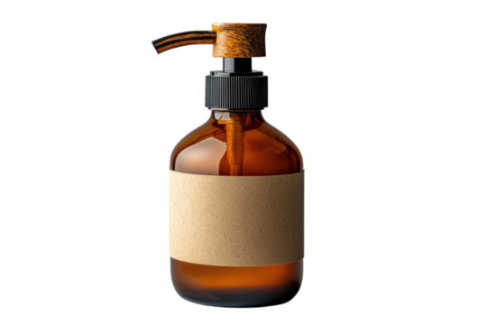 Amber glass bottle with pump dispenser and kraft paper label on a black background Elegant on transparent background