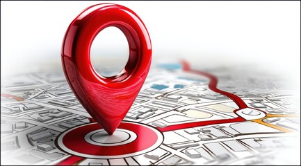 Fototapeta premium Navigate the Route: A striking 3D render of a bold red location pin atop a detailed city map, charting the course with a continuous red line. The image encapsulates concepts of direction, travel.