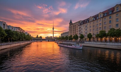 Fototapeta premium Scenic sunset over a canal in a European city. Buildings line the water's edge