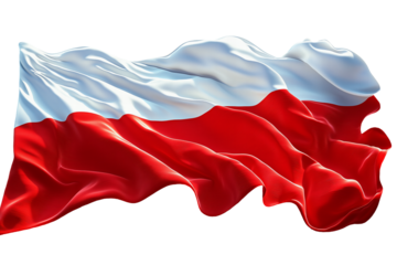 Realistyczna fotografia wysokiej jakości przedstawiająca powiewającą flagę Polski na przezroczystym tle
