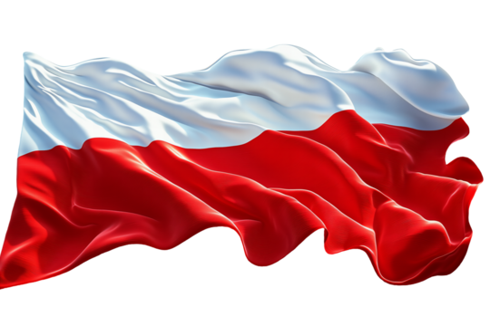 Realistyczna fotografia wysokiej jakości przedstawiająca powiewającą flagę Polski na przezroczystym tle