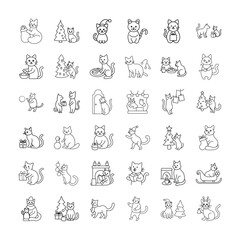 Set of Cute Christmas and Winter Holiday Cat Illustrations in Line Art Style Festive Kittens with Gifts, Santa Hats, Christmas Trees, Decorations, and Cozy Seasonal Activitie