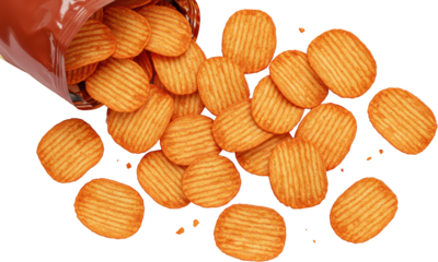 Crispy Potato Chips Falling from Bag Spicy Flavor Snack Food Overhead Shot