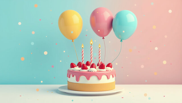 cake balloons candles modern retro flat design aesthetic featuring vector isometric illustrations party