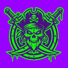 Skull Pirate Vector Logo with Swords on Purple Background