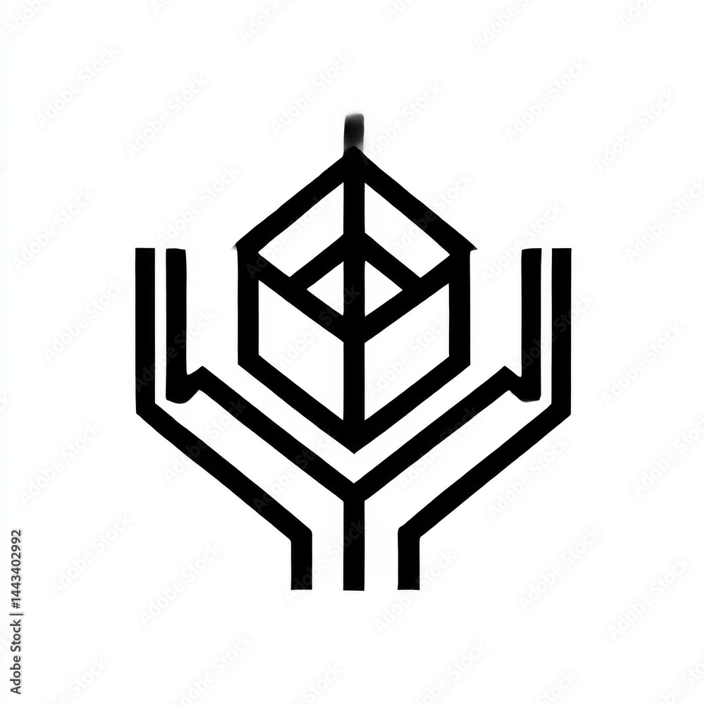 Aufkleber abstract black and white geometric logo of a cube supported by tree-like forms - minimalist design