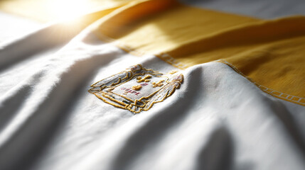 Vatican City flag closeup, revealing papal tiara and crossed keys, representing papal authority and sovereign statehood