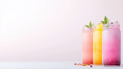 Three colorful drinks in jars with fresh mint garnish on a light pastel background, and vibrant and refreshing summer beverage concept.