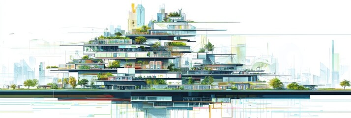 Futuristic multilevel urban architecture with lush greenery - innovative sustainable cityscape design focused on environmentally conscious living. Infrastructure crypto mining