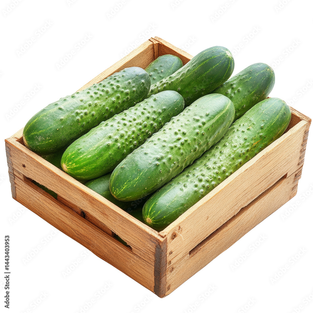 Aufkleber Cucumbers in a rustic wooden crate with an abundance of freshness isolated on transparent