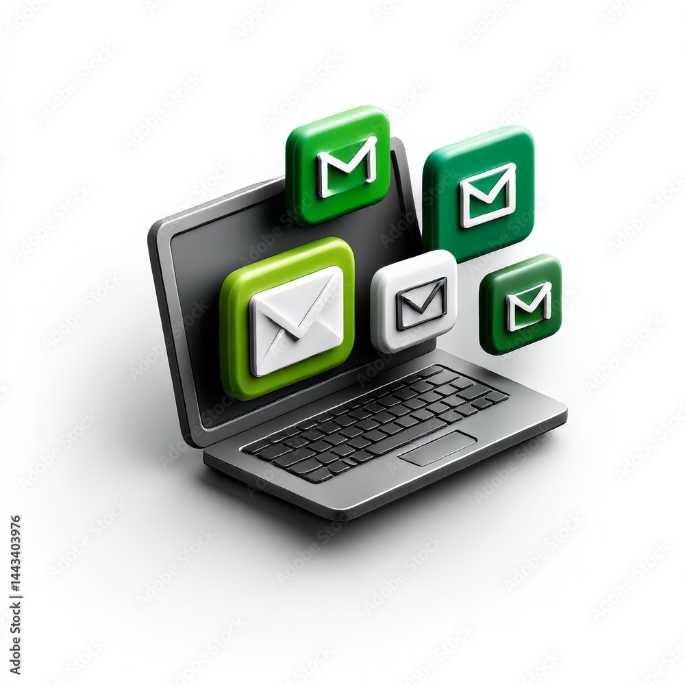 Poster email communication on a laptop: conceptual digital mailbox and electronic messaging system illustra