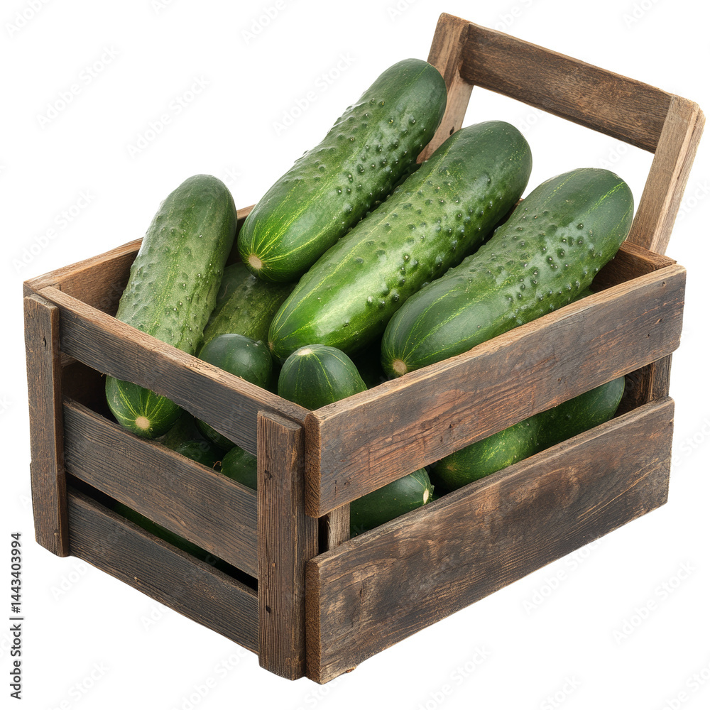 Aufkleber rustic wooden crate overflowing with fresh, vibrant green cucumbers on transparent display