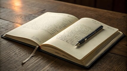 Open Notebook with Pen on Wooden Table