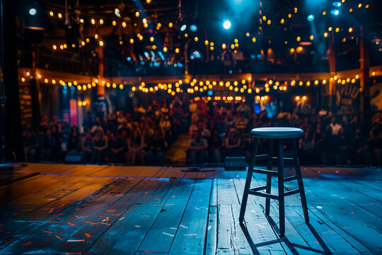 Vintage microphone on stage in a dimly lit comedy club, ready for a stand-up performance in an atmospheric setting – generative AI