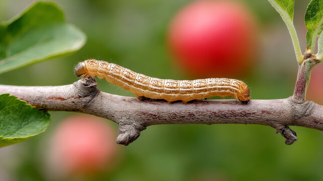 Close up of a codling moth larva crawling on a branch of an apple tree, with blurred apples in the background