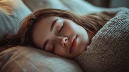 A close-up portrait of a cute young woman peacefully sleeping on a cozy bed