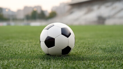 Classic leather soccer ball lying on a lush green playing field, with a blurred stadium backdrop creating a sense of anticipation