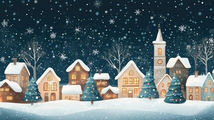 Fototapeta premium Winter village scene with snow covered houses, Christmas trees, and falling snowflakes. Festive holiday illustration for seasonal greetings.