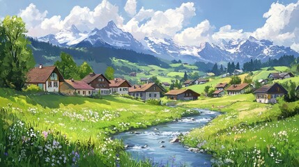 Obraz premium Alpine village nestled amidst vibrant meadows snowcapped peaks