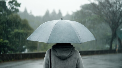 Woman walking through rainy city street, gripping black umbrella, experiencing moody urban landscape during gloomy weather conditions