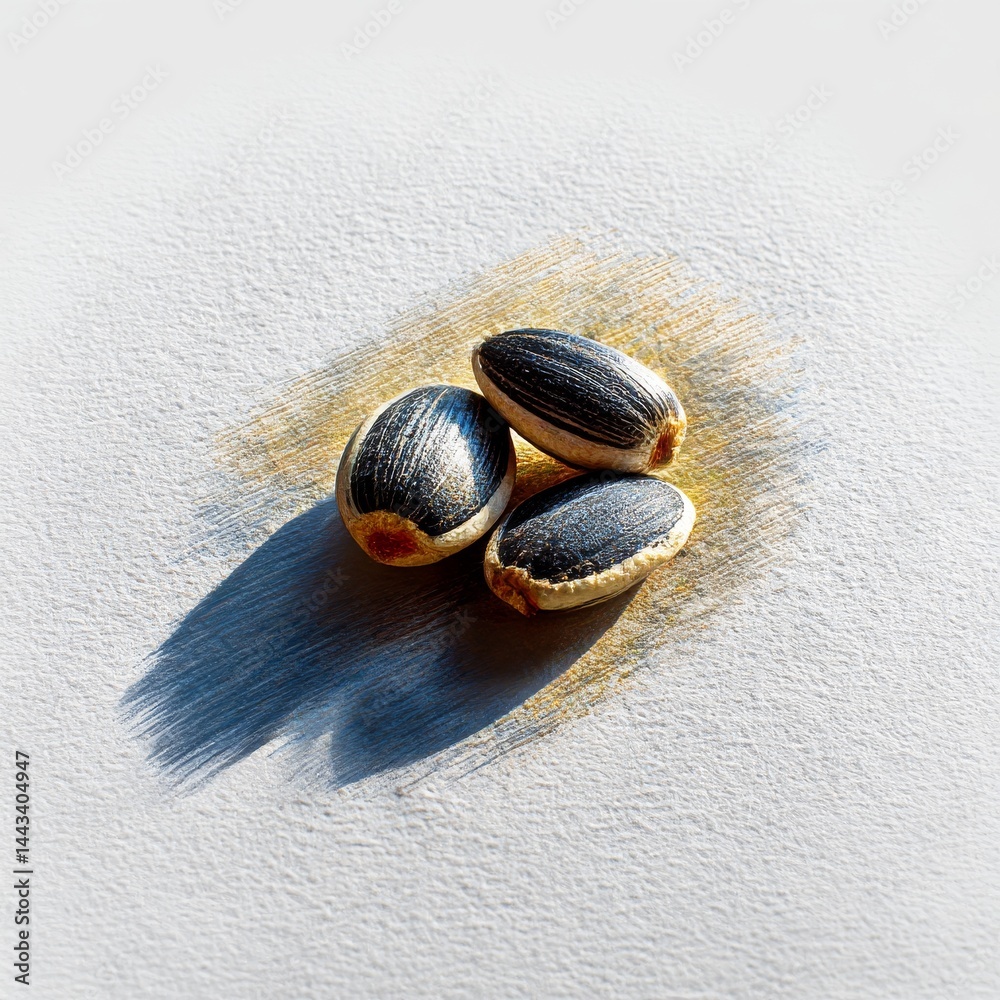 Aufkleber three castor beans with shadow on textured surface, a study in light and form