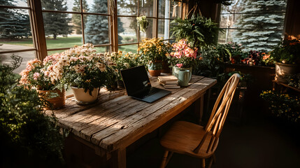 Serene sunlit workspace near window with laptop, books, mug, and various potted plants. Ideal for work from home, relaxation, and nature themes.