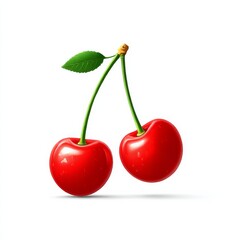 Two Glossy Red Cherries with a Leaf, Isolated on White Background, Close Up Studio Shot.