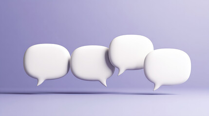 White speech bubbles hovering against purple background, representing communication and social media messaging in digital 3D rendering