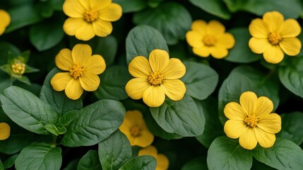 Fototapeta premium Close-up view of vibrant yellow flowers amongst lush green foliage