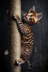Fototapeta premium Adorable Bengal kitten climbing a scratching post with playful curiosity and vivid markings.