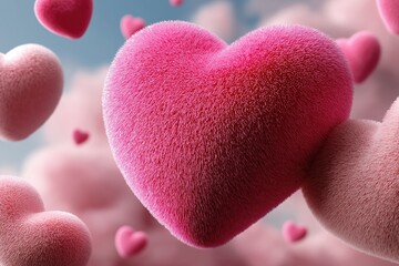 Obraz premium Pink hearts floating gently among fluffy pink clouds create a dreamy atmosphere perfect for romance and daydreaming