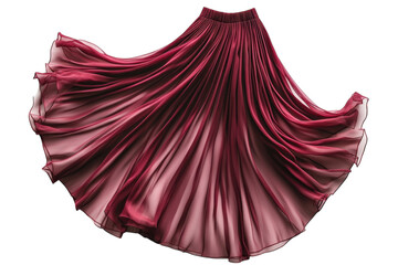 Elegant burgundy pleated chiffon maxi skirt gracefully swirling against a black background on transparent background