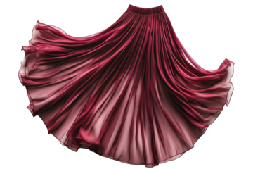 Elegant burgundy pleated chiffon maxi skirt gracefully swirling against a black background on transparent background