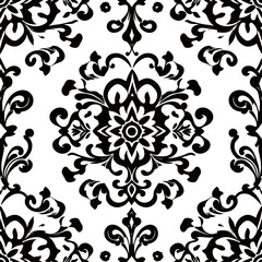 Seamless black and white damask pattern vector background wallpaper textile design decorative element art deco