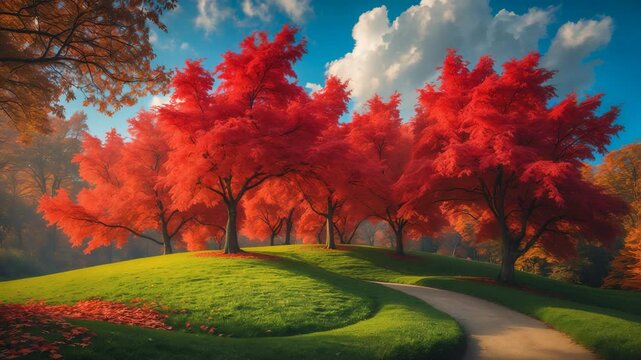 Group of trees showcasing bright red fall leaves on a lawn edge with other trees on a sunny, breezy day.