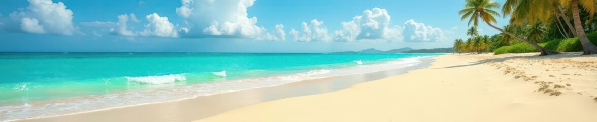 Fototapeta premium Golden sand meets turquoise ocean under a vibrant summer sky, sunny, bright