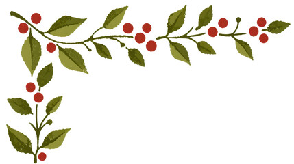 Festive watercolor holly border with red berries and green leaves, ideal for holiday designs on transparent background
