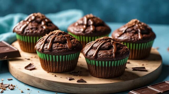 A wooden board displays homemade chocolate muffins made with zucchini and drizzled in glaze, accompanied by a slice of chocolate.