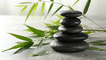 Stacked Black Stones and Bamboo Leaves on Grey Surface