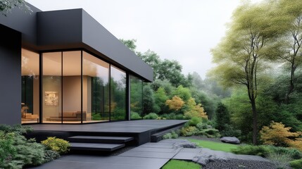 Naklejka premium Modern, minimalist home with large glass facade overlooking a lush garden. Exterior featuring dark gray walls and a spacious deck