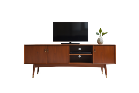Elegant Mid-Century Modern TV Console with Tapered Legs, a Blend of Retro Design and Contemporary Entertainment Functionality at Home