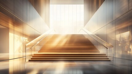 Obraz premium Grand staircase with light streaming through a large window. Wooden steps, modern design