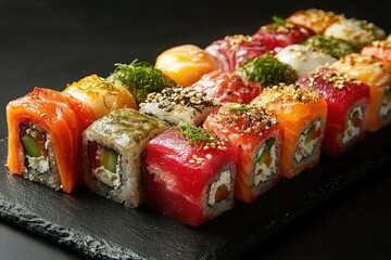 Assorted sushi rolls artfully arranged on a black slate board, studio lighting