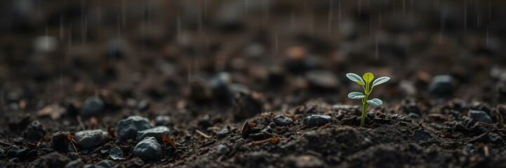 New Beginning: A resilient sprout emerges from the fertile earth, its delicate leaves reaching towards the sky, symbolizing growth and renewal.
