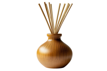 Elegant wooden reed diffuser a calming home fragrance in a stylish bamboo vase against a dark on transparent background