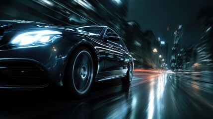 Black Car Speeding Through City at Night, Motion Blur Photography, Transportation Theme, Dark and Moody Tone